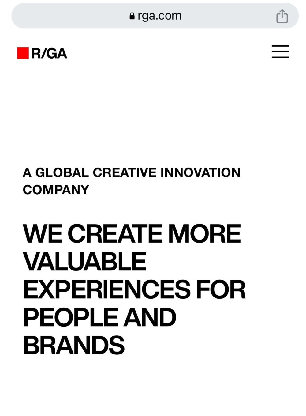 A screenshot of the homepage of the official R/GA’s website, a New York-based global digital product, marketing, and brand innovation company. The company said it has no association with the any “promotional materials/advertisement” being carried out in India under ‘R/GA or RGA MARKETING LTD.’